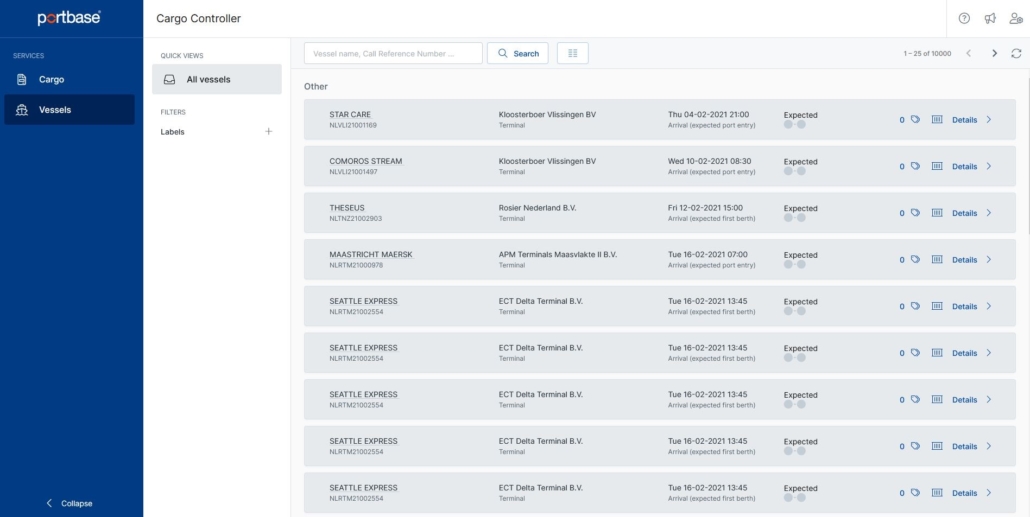 Scheepsoverzicht in Cargo Controller