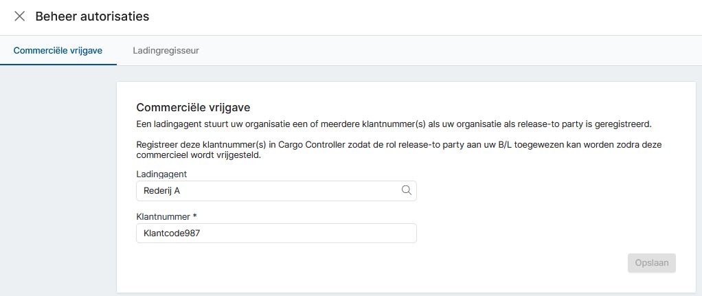 Invoerscherm van klantcode van rederij tbv Vertrouwensketen