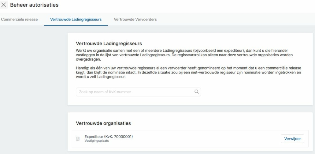 Vertrouwde ladingregisseur of Vervoerder scherm