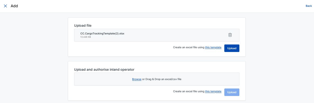 Upload scherm van de excel templates in Cargo Controller