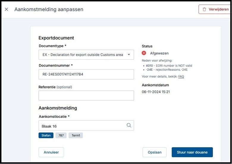 Aankomstmelding aanpassen in Arrival Notification Export