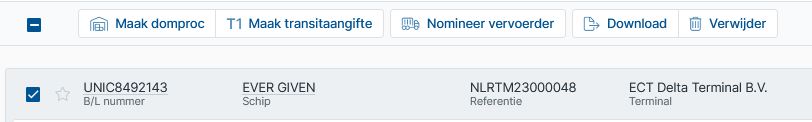 Header knoppen in Cargo Controller worden zichtbaar door minstens 1 volledige B/L aan te vinken