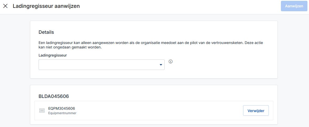 Invoerscherm om naam van de ladingregiseur in te vullen om deze aan te wijzen als de volgende in de keten.