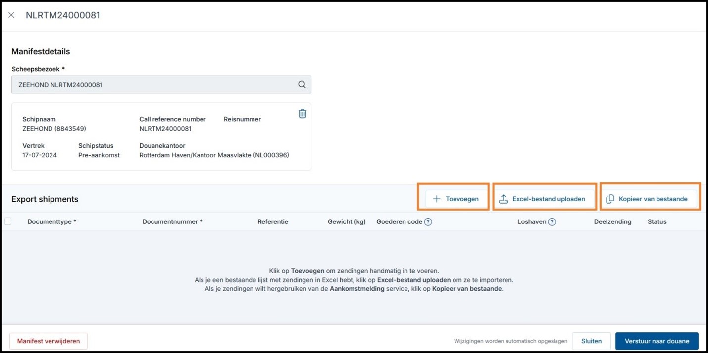 Manifest aanmaken en shipments in Cargo Declaration Export