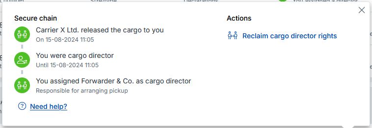 Secure Chain popup screen in which rights can be passed on in the Secure Chain. A party has been designated as cargo director