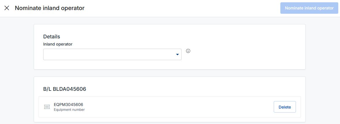 Input screen to enter name of inland operator to complete the nomination.