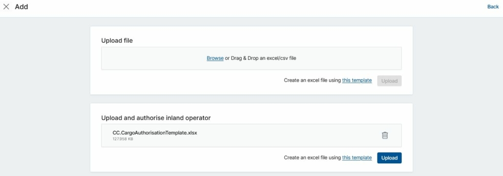 Upload scherm van de excel templates in Cargo Controller