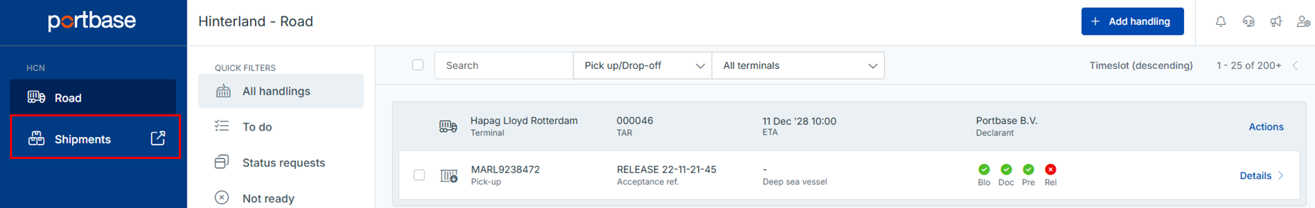 Shipments tab
