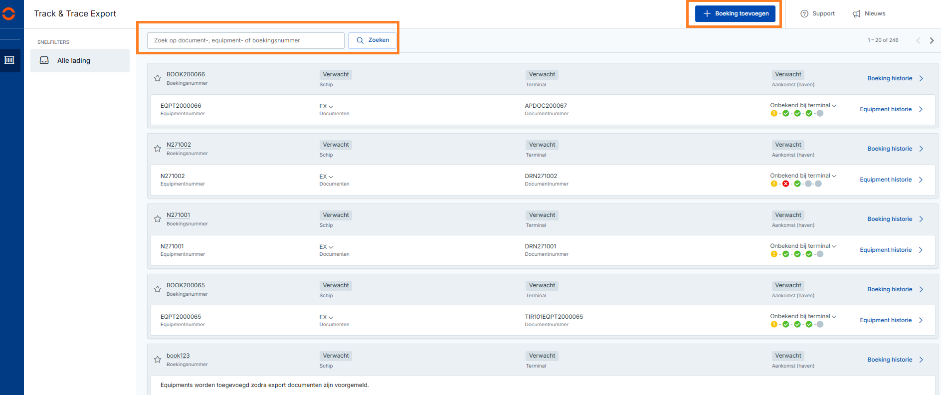 Hoofdscherm Track & Trace Export