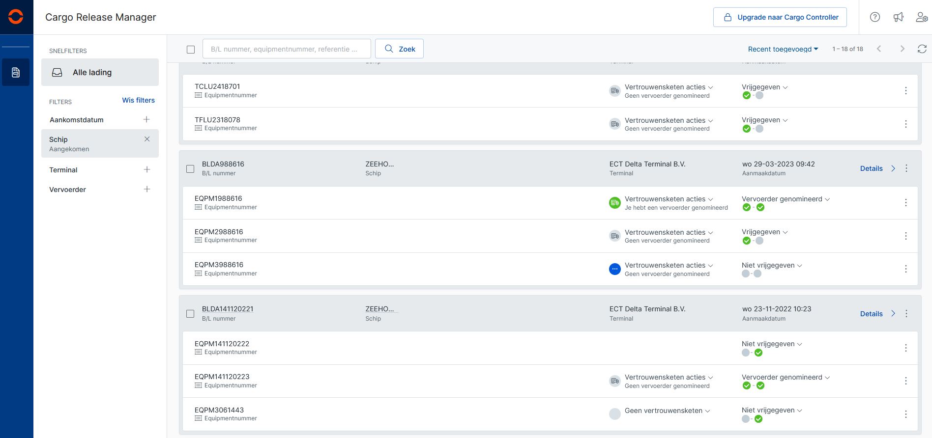 Hoofdscherm in Cargo Release Manager