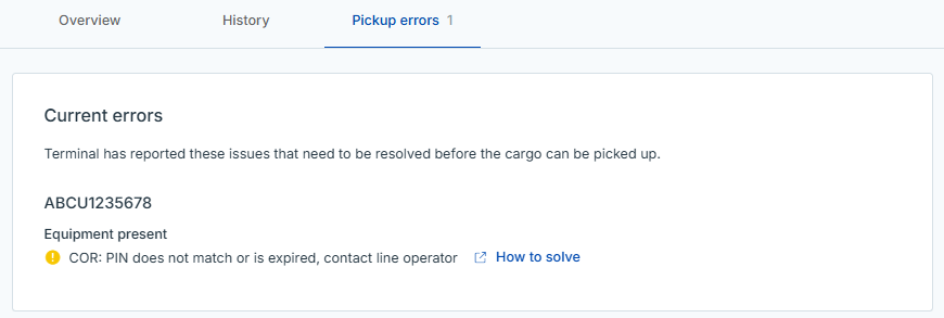 Detail scherm van 'Pickup errors' geeft aan in Cargo Controller Import dat de voormelding bij de terminal door de vervoerder niet gereed is voor het ophalen van de lading.