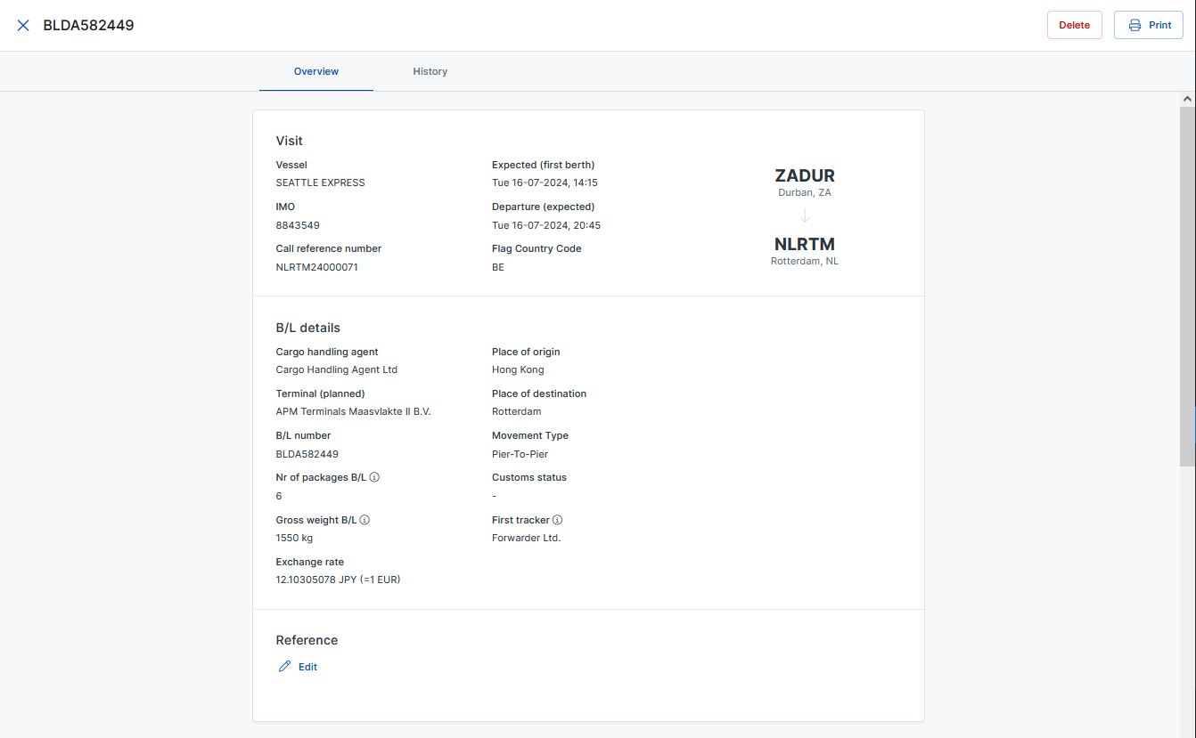 De details van de gevolgde lading in Cargo Controller