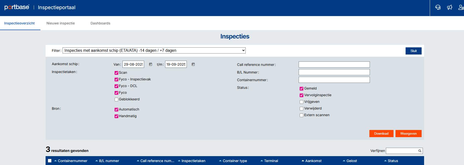 Startscherm van Inspectieportaal met Inspectieoverzicht