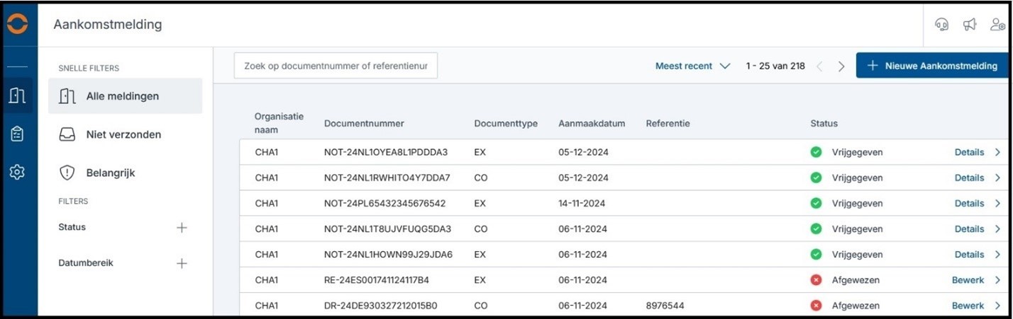 Gegevens van de aankomstmelding bekijken in Arrival Notification Export