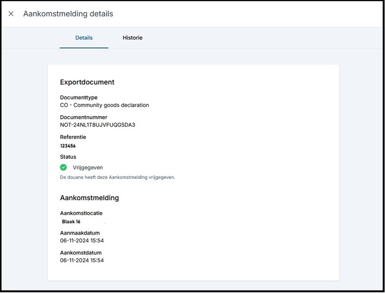 Details tab in Arrival Notification Export