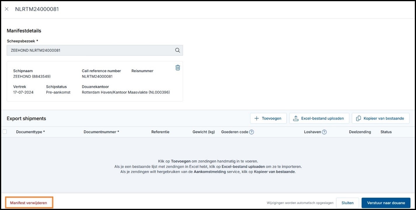 Verwijderen manifest in Cargo Declaration Export