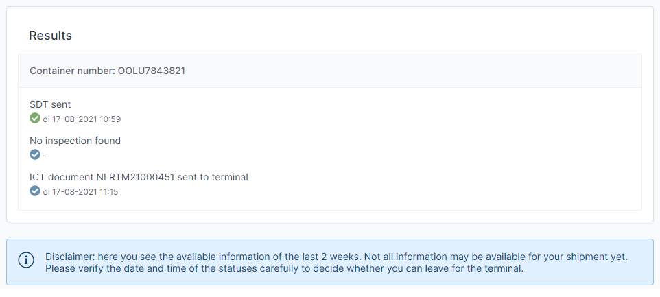 Voorbeeld van de import status in de service Import Status