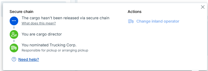 Secure Chain pop-up shows that the inland operator has been nominated, but the user’s principal has been withdrawn.