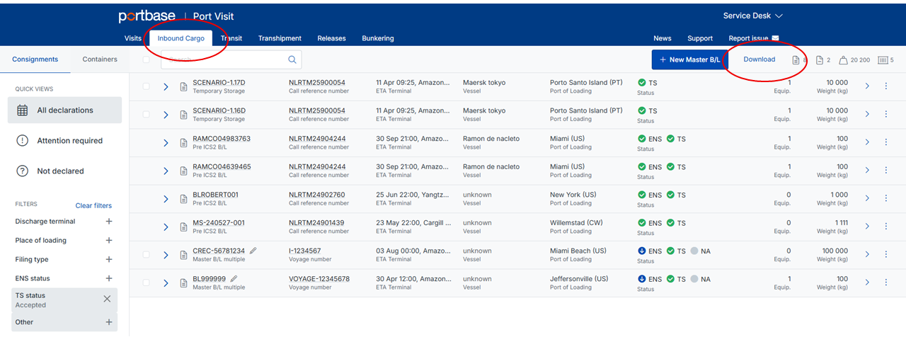 De plek waar de download knop staat is te vinden onder 'inbound cargo'. 