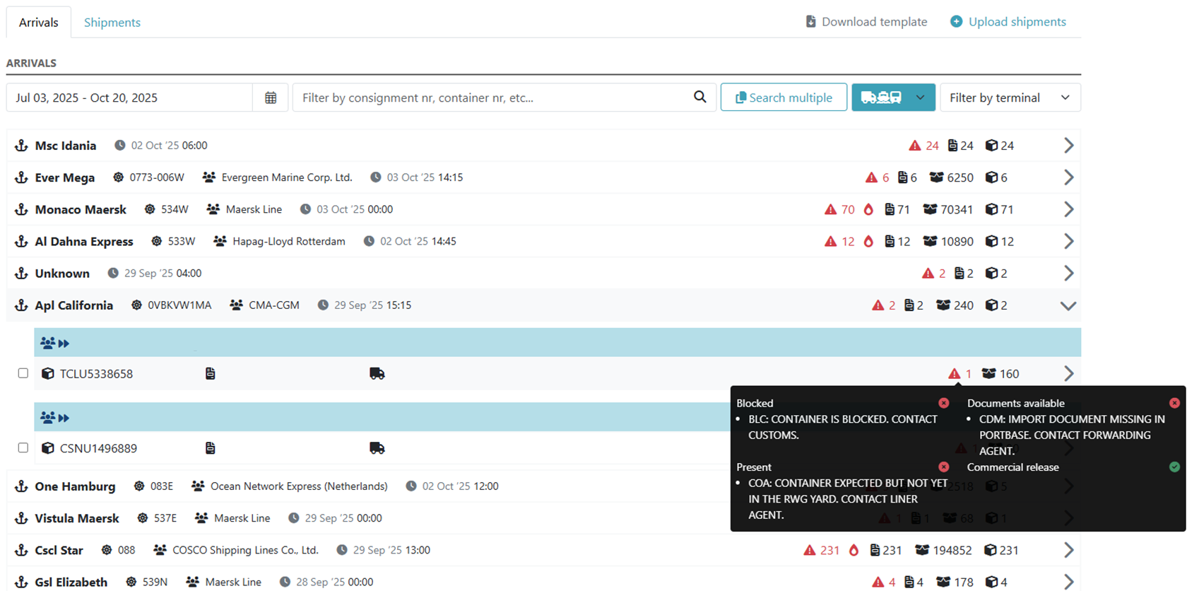 shipment detailed information displayed HCN