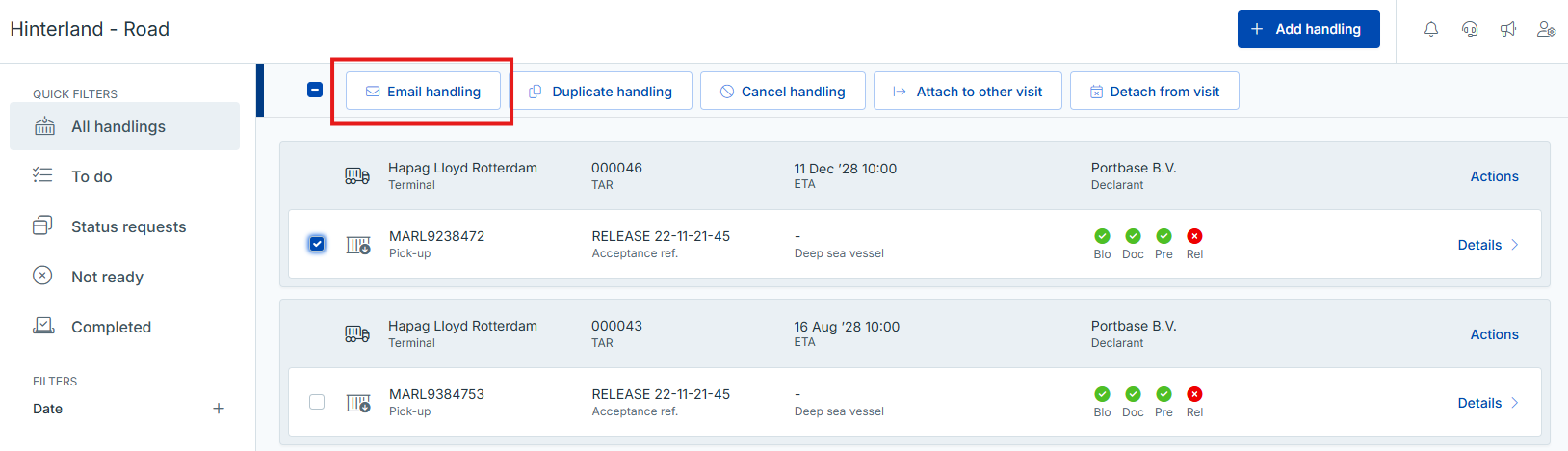 Notifications for a handling