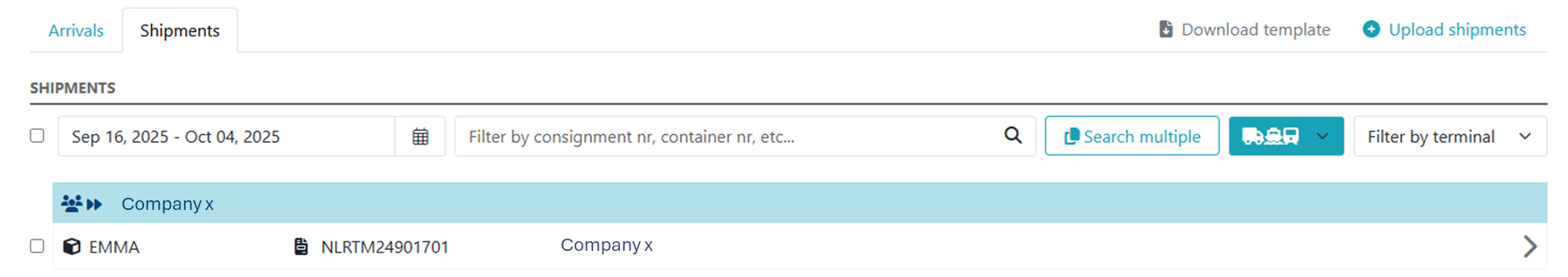 Shipments tab