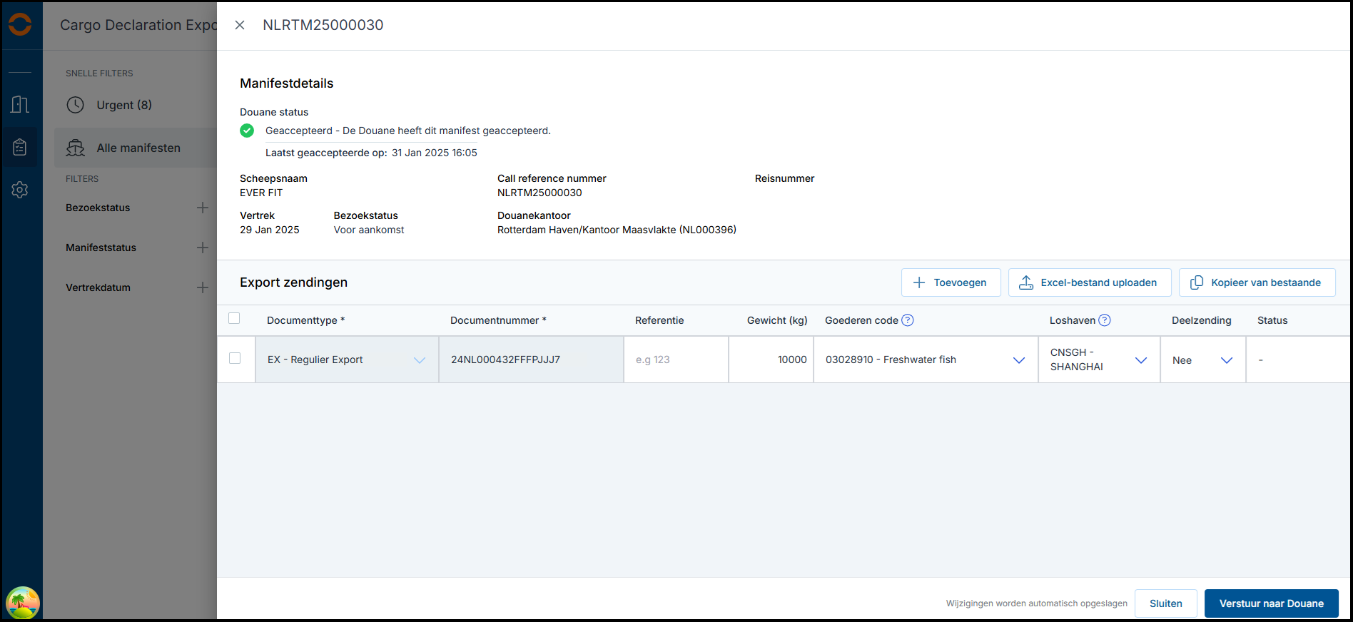 Details van een manifest bekijken in Cargo Declaration Export