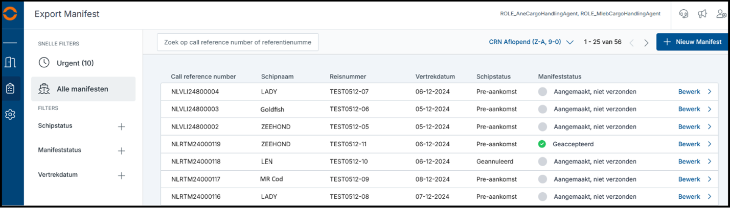 Overzicht scherm in Cargo Declaration Export