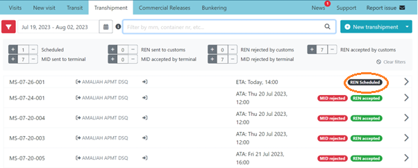 REN scheduled in transhipment service