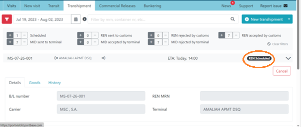 REN scheduled and details in transhipment