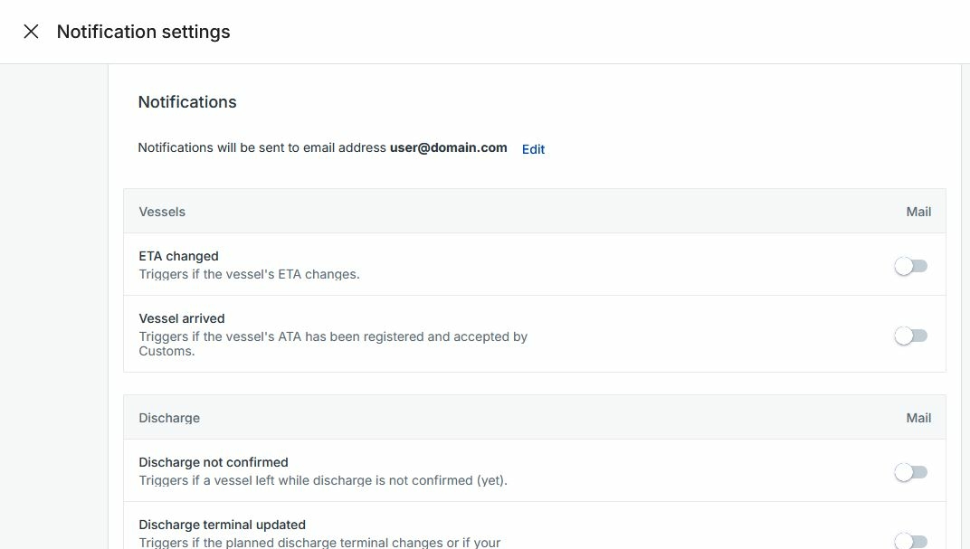 notificatie instellingen Cargo Controller