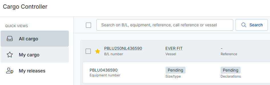 Using quick filters in Cargo Controller