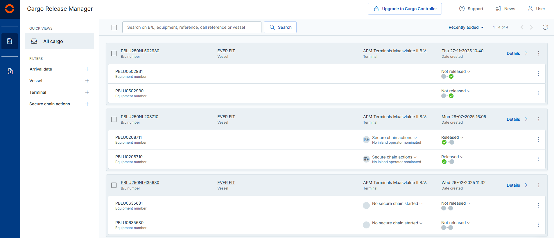 In the overview 'All cargo' you see the current status of your cargo within the Secure Chain.