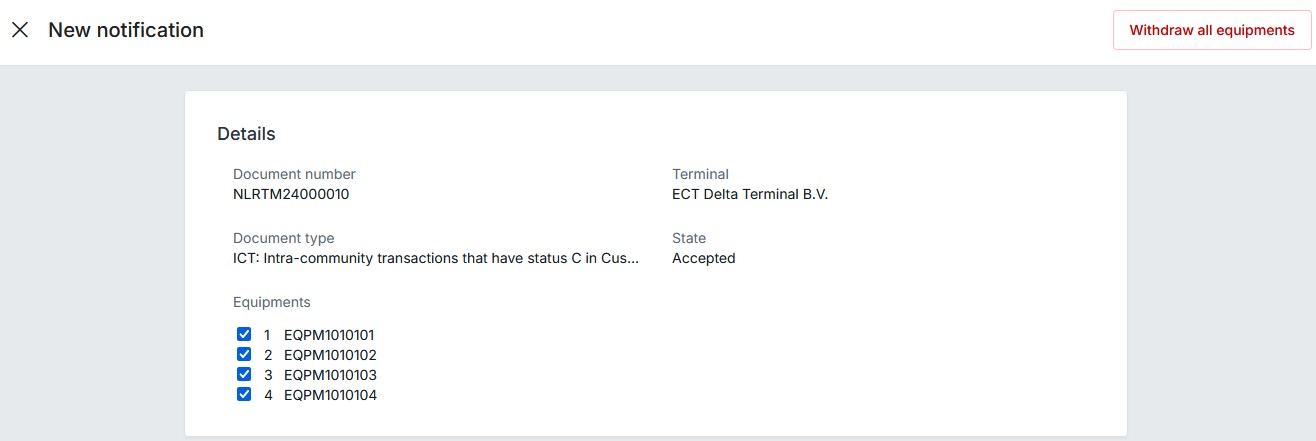 The detail screen of the NID notification 'withdraw all equipment'.