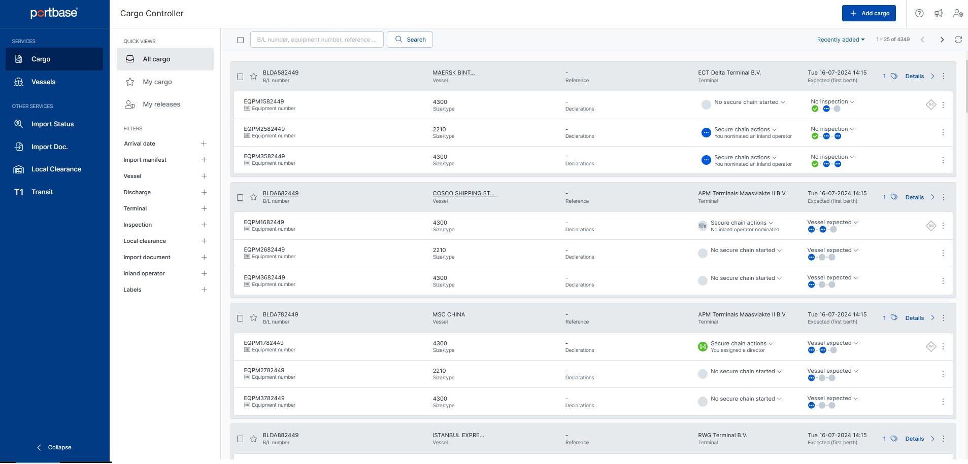 Ladingoverzicht in Cargo Controller