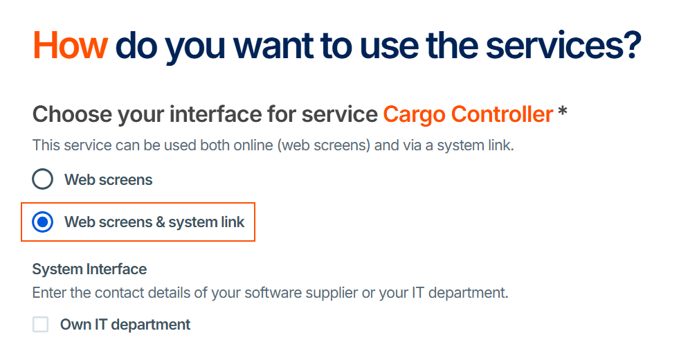 Screenshot of the request form, on the interfaces page you select the system interface and contact persons.