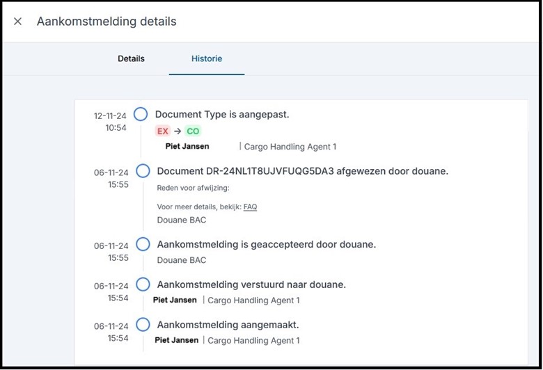 Historie tab in Arrival Notification Export