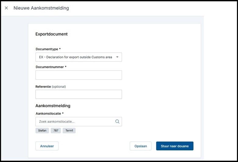 Toevoegen nieuwe aankomstmelding in Arrival Notification Export