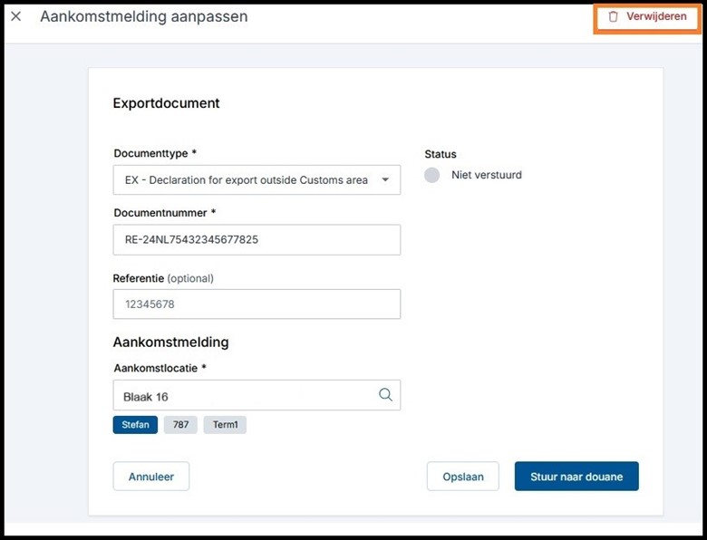 Verwijderen van een aankomstmelding in Arrival Notification Export