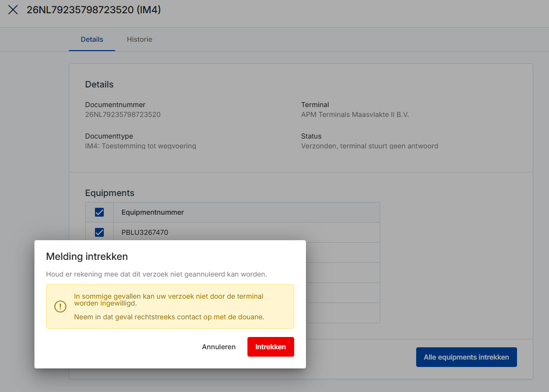 Waarschuwingsbericht voordat je een intrekverzoek indiend