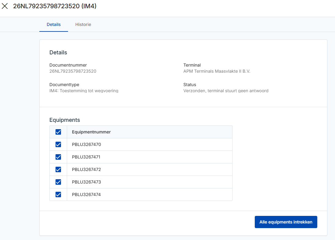 Voorbeeld scherm voor het intrekken van importdocumentatie in Melding Import Documentatie